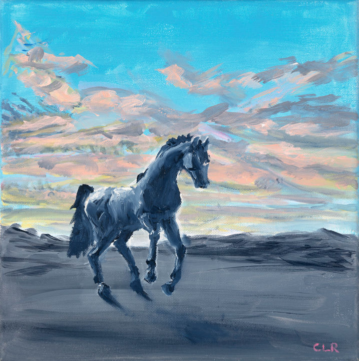 Painting titled "Black Horse at Suns…" by Carol Roberts, Original Artwork