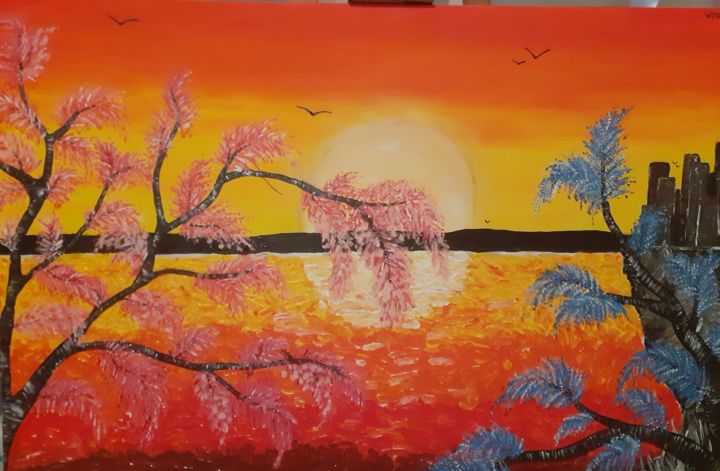 Peinture intitulée "un coucher de solei…" par Wendy Trouillet, Œuvre d'art originale, Acrylique