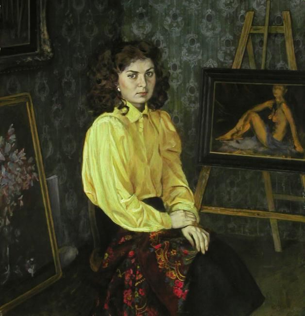 Картина под названием "Портрет девушки в ж…" - Юрий Панцырев, Подлинное произведение искусства, Масло