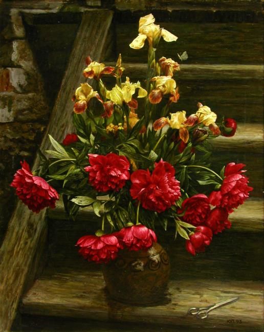 Картина под названием "Красные пионы и жёл…" - Юрий Панцырев, Подлинное произведение искусства, Масло