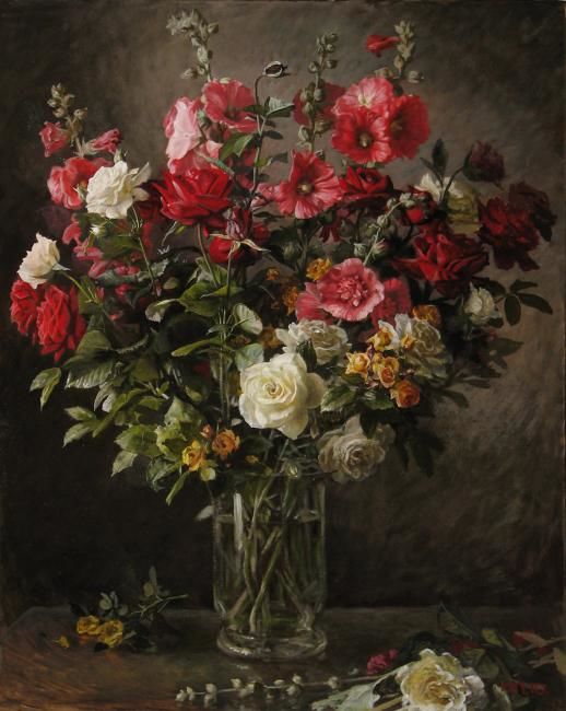 Картина под названием "Мальвы и розы" - Юрий Панцырев, Подлинное произведение искусства, Масло