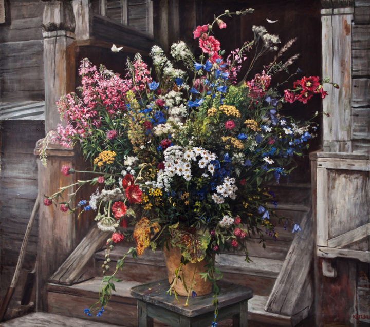 Картина под названием "Полевые цветы у кры…" - Юрий Панцырев, Подлинное произведение искусства, Масло