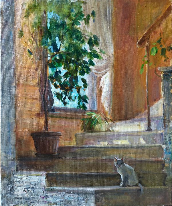 Картина под названием "Интерьер с лестницей" - Юлия Лощенова, Подлинное произведение искусства, Масло