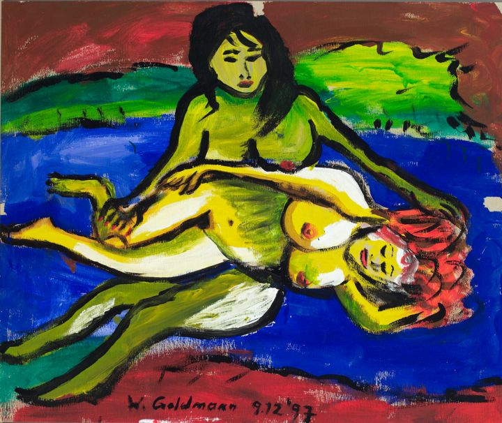 Malerei mit dem Titel "Zwei Frauen am Stra…" von Weralgos, Original-Kunstwerk, Acryl