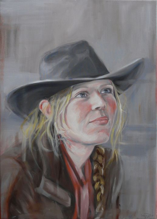Painting titled "Staring girl with h…" by Wery Pollier, Original Art, Oil