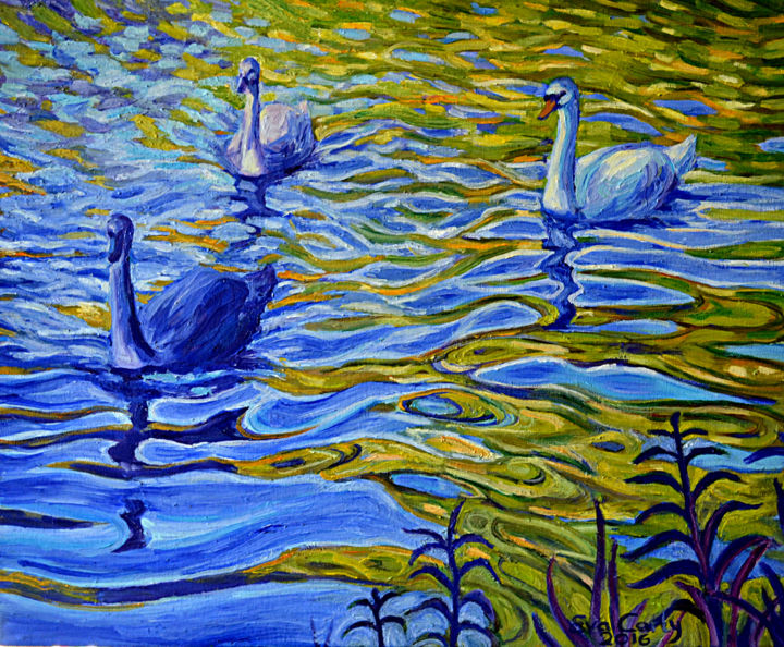 Painting titled "swans 4" by Eva Carty, Original Artwork, Oil Mounted on Wood Stretcher frame