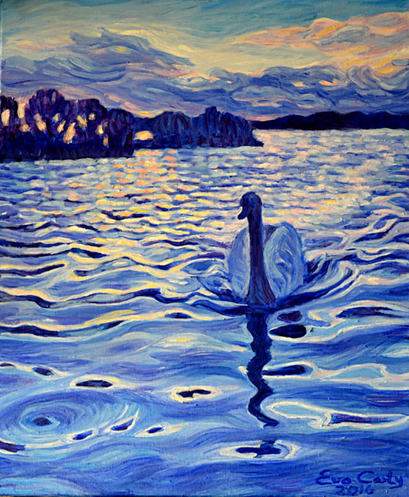 Painting titled "Swan 7" by Eva Carty, Original Artwork, Oil Mounted on Wood Stretcher frame