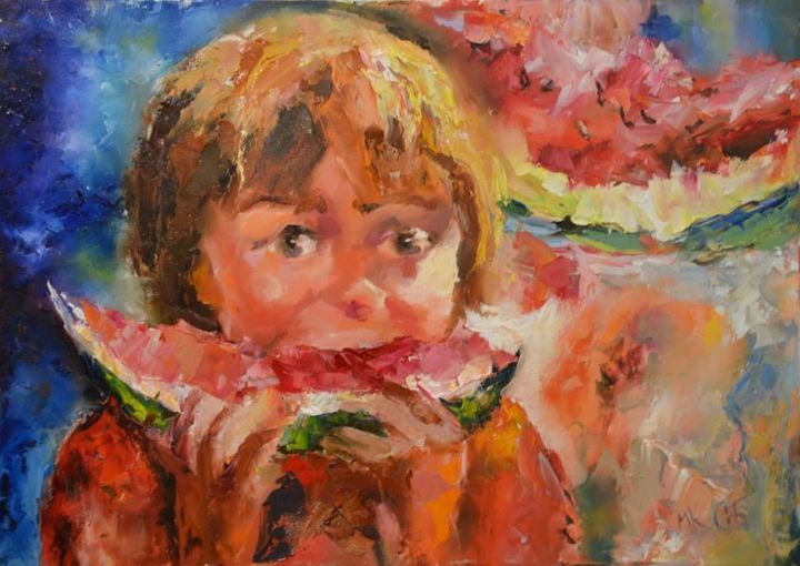 Painting titled "Мальчик с арбузом" by Olga Bonn, Original Artwork, Oil