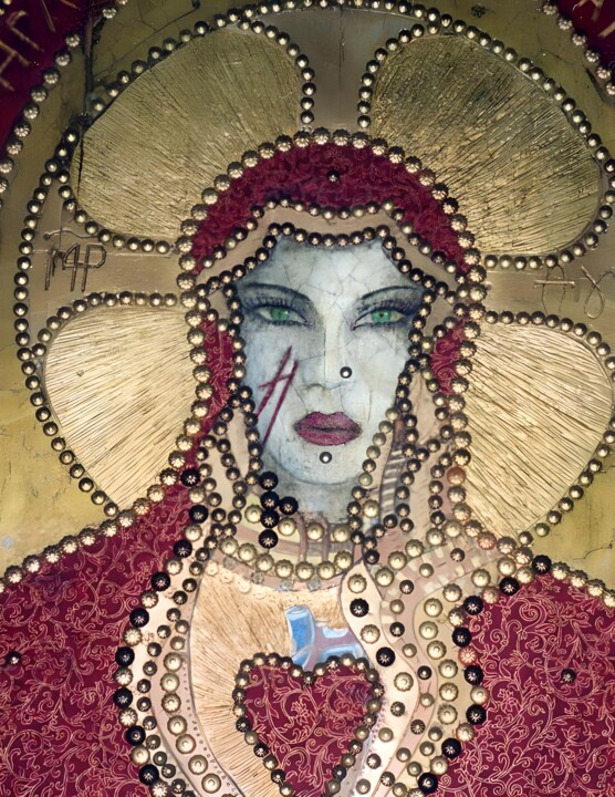 Painting titled "Vierge craquelée" by Wildbillyecoyote, Original Artwork, Acrylic Mounted on Wood Stretcher frame