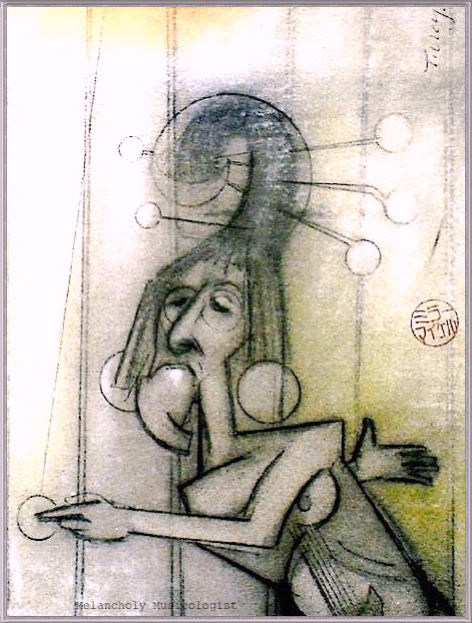 Drawing titled "The Melancholy Musi…" by Wilf Tilley, Original Artwork, Conté Mounted on Cardboard