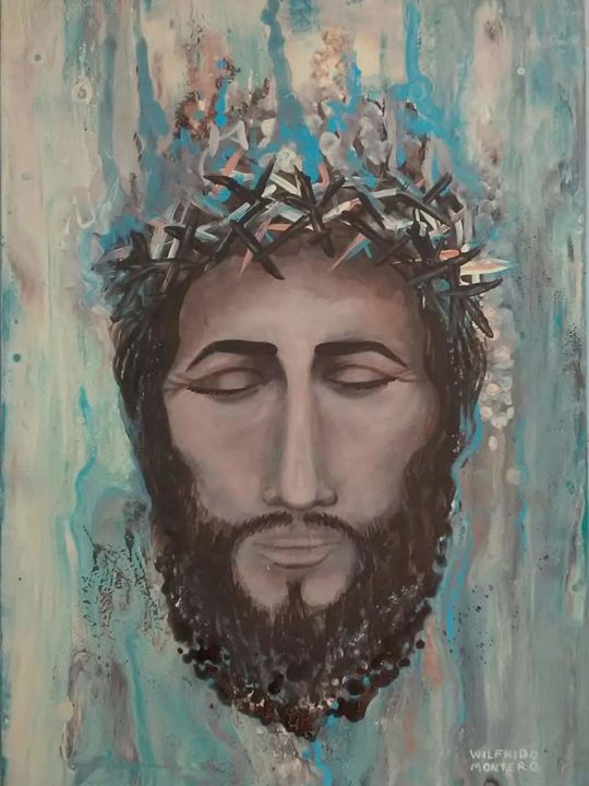 Painting titled "Jesús en turquesa" by Wilfrido Montero, Original Artwork, Acrylic