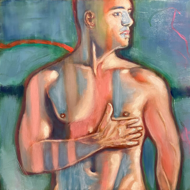 Painting titled "HOMME TORSE NU SUR…" by Wilhelm Sommer, Original Artwork, Oil Mounted on Wood Stretcher frame