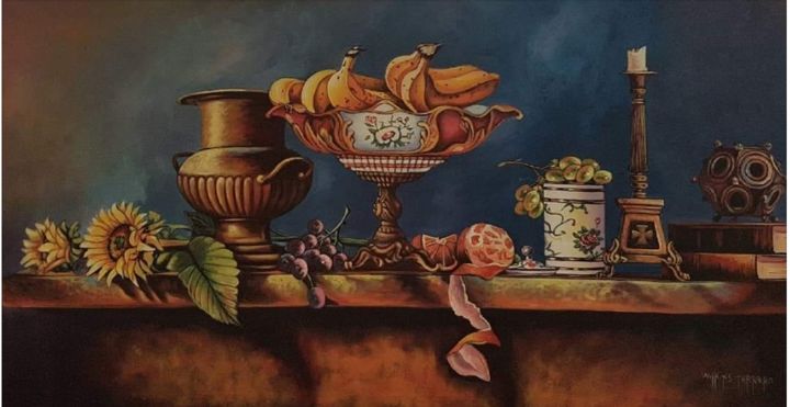 Painting titled "Bodegon con frutero" by Wilkins Terrero, Original Artwork, Acrylic