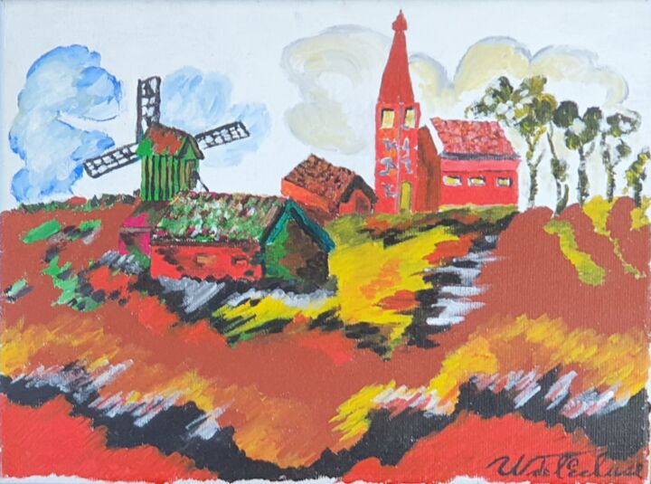 Schilderij getiteld "Het Rode Kerkje" door Willem De L'Ecluse, Origineel Kunstwerk, Acryl