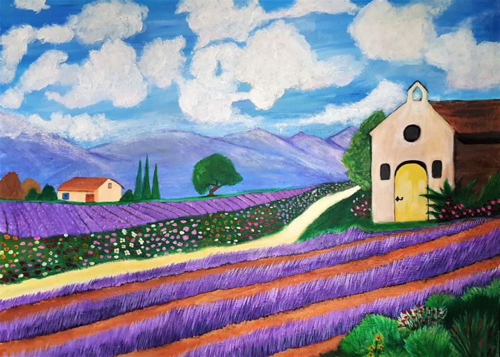 Painting titled "Lavender Fields For…" by Willemijn Mensens, Original Artwork, Acrylic