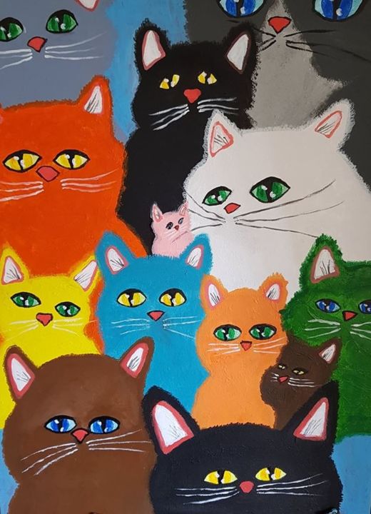 Peinture intitulée "The cat's family" par Willemijn Mensens, Œuvre d'art originale