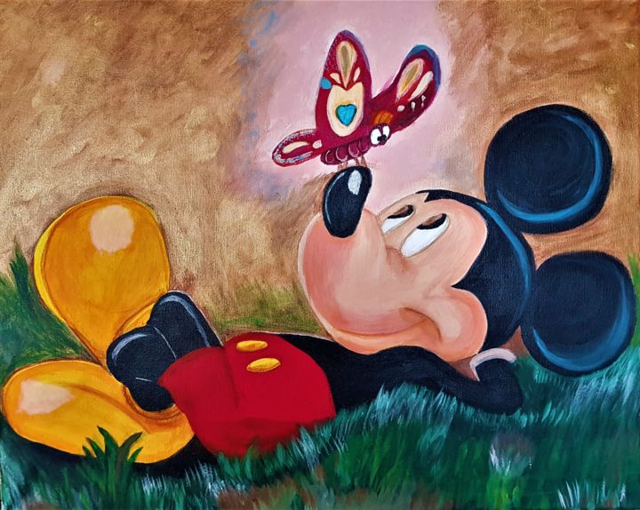 Painting titled "Mickey met vlinder" by Willemijn Mensens, Original Artwork, Acrylic