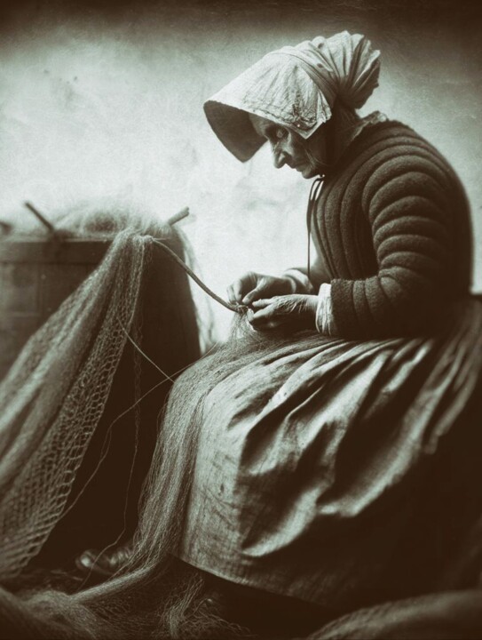 Digital Arts titled "Woman Mending Fishi…" by William Eiffert, Original Artwork, AI generated image