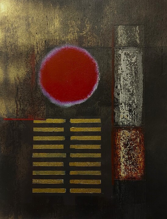 Painting titled "Red Sun Over Gold" by William Eiffert, Original Artwork, Acrylic Mounted on Other rigid panel