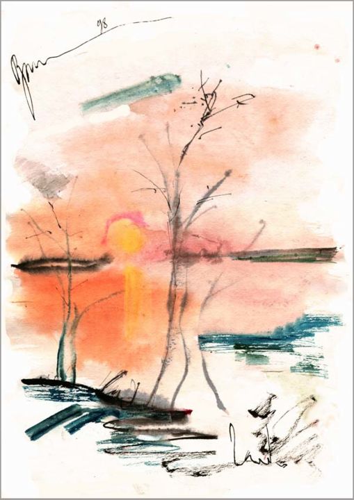 Drawing titled "закат на реке  suns…" by Dima Wilms, Original Artwork, Watercolor