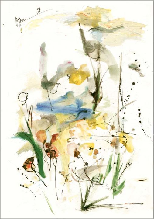 Drawing titled "Soleil jaune, fleur…" by Dima Wilms, Original Artwork, Watercolor