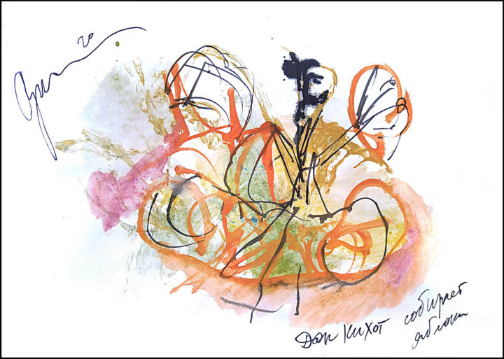 Zeichnungen mit dem Titel "Don Quixote picking…" von Dima Wilms, Original-Kunstwerk, Gouache