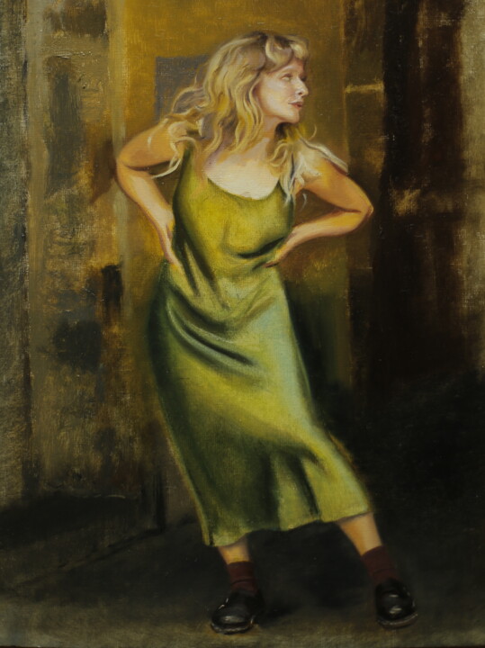 Painting titled "rubia en el arco de…" by Wilson Guevara, Original Artwork, Oil