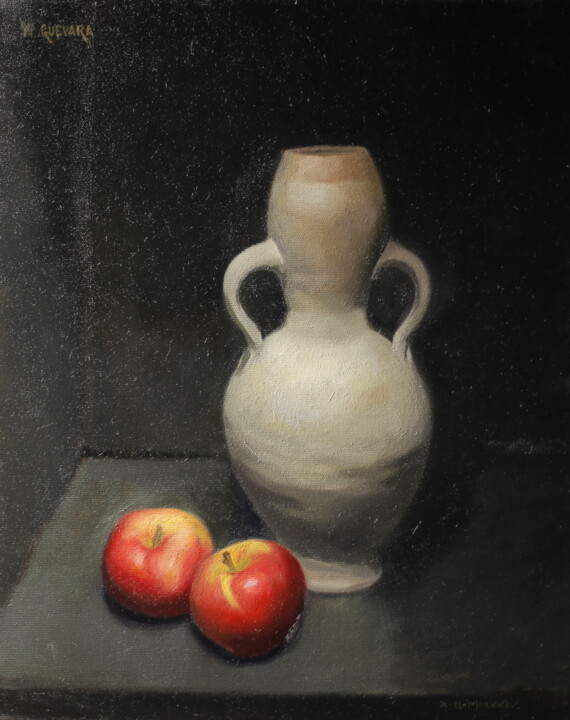 Painting titled "anfora con manzanas" by Wilson Guevara, Original Artwork, Oil Mounted on Wood Stretcher frame