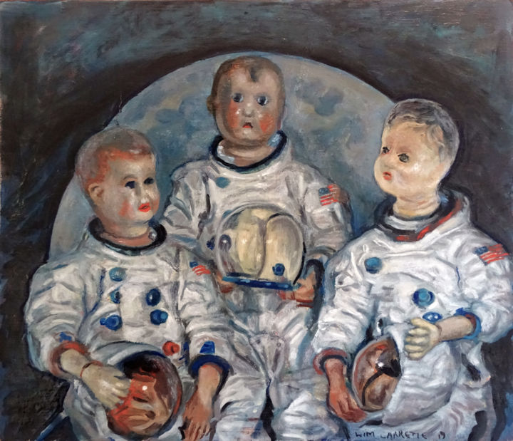 Schilderij getiteld "Nasa Puppets" door Wim Carrette, Origineel Kunstwerk, Olie