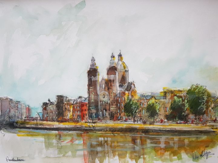 Schilderij getiteld "Amsterdam City" door Wimvandewege, Origineel Kunstwerk, Aquarel