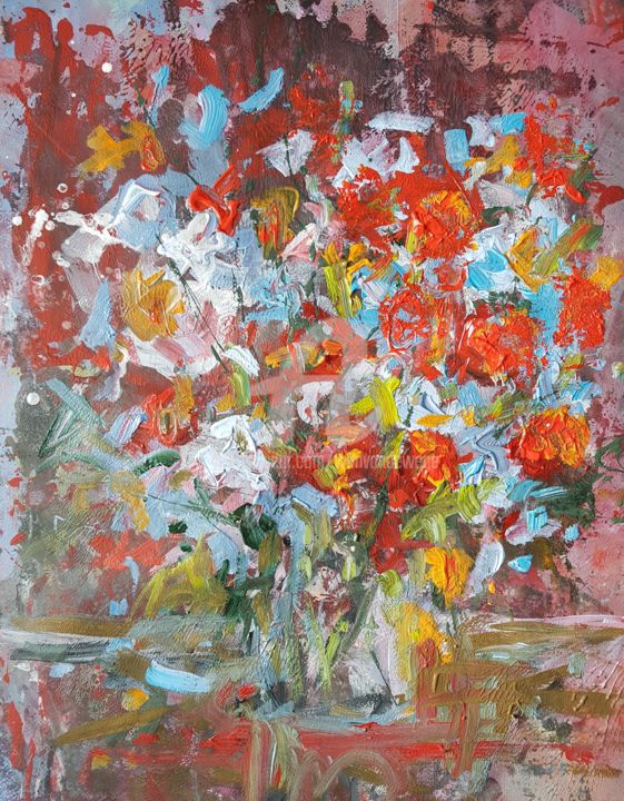 Painting titled "Flowers in a vase #5" by Wimvandewege, Original Artwork, Acrylic