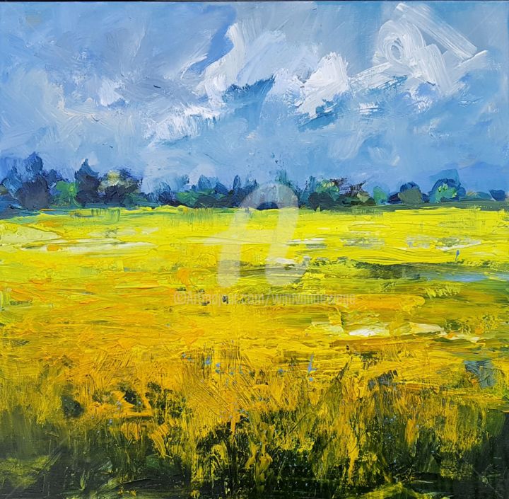 Pintura titulada "Yellow fields in th…" por Wimvandewege, Obra de arte original, Acrílico Montado en Bastidor de camilla de…