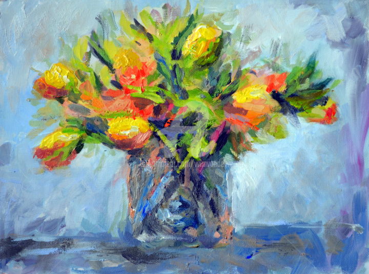 Painting titled "Dutch tulips yellow…" by Wimvandewege, Original Artwork, Acrylic