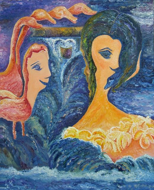 Painting titled "Flamingo and Dolphin" by Karina Ishkhanova, Original Artwork