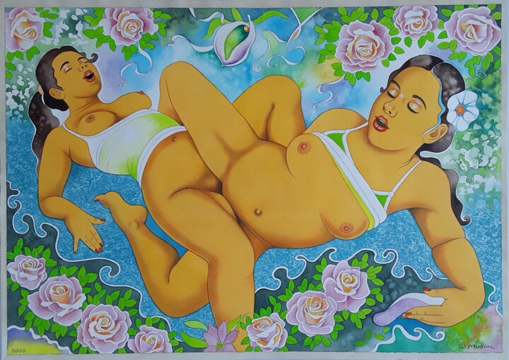 Malarstwo zatytułowany „Girls and Roses in…” autorstwa Winfried Musial, Oryginalna praca, Akwarela