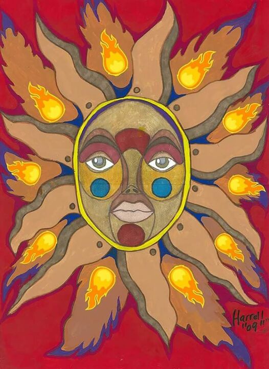 Schilderij getiteld "Aztec Sun Dail" door Winston Harrell, Origineel Kunstwerk, Acryl