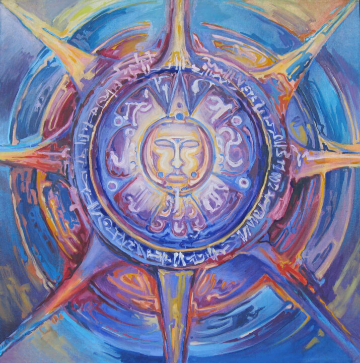 Malarstwo zatytułowany „Słońce Azteków” autorstwa Wiola Gaszka, Oryginalna praca, Olej