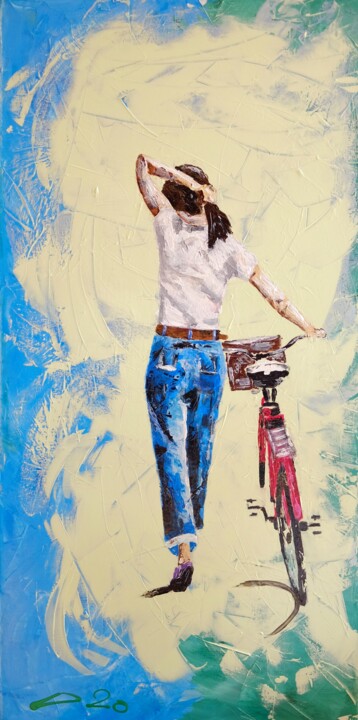 Painting titled "The Red Bike" by Winfried Krause, Original Artwork, Acrylic Mounted on Wood Stretcher frame