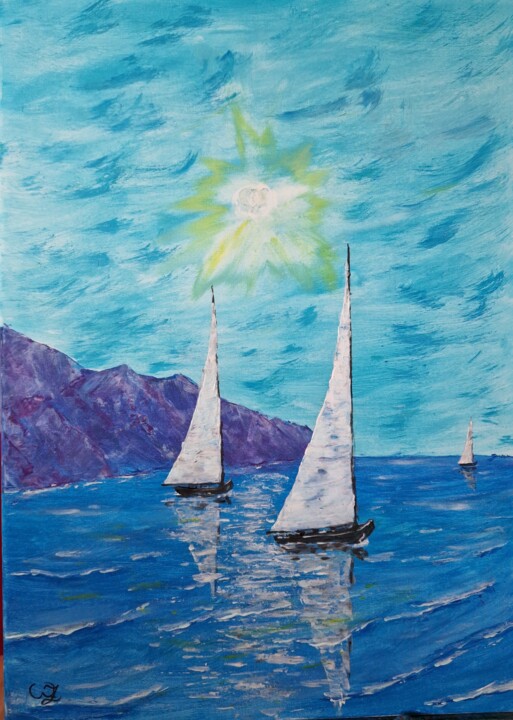 Картина под названием "Яхты в море" - Wladimir Zizilin, Подлинное произведение искусства, Акрил