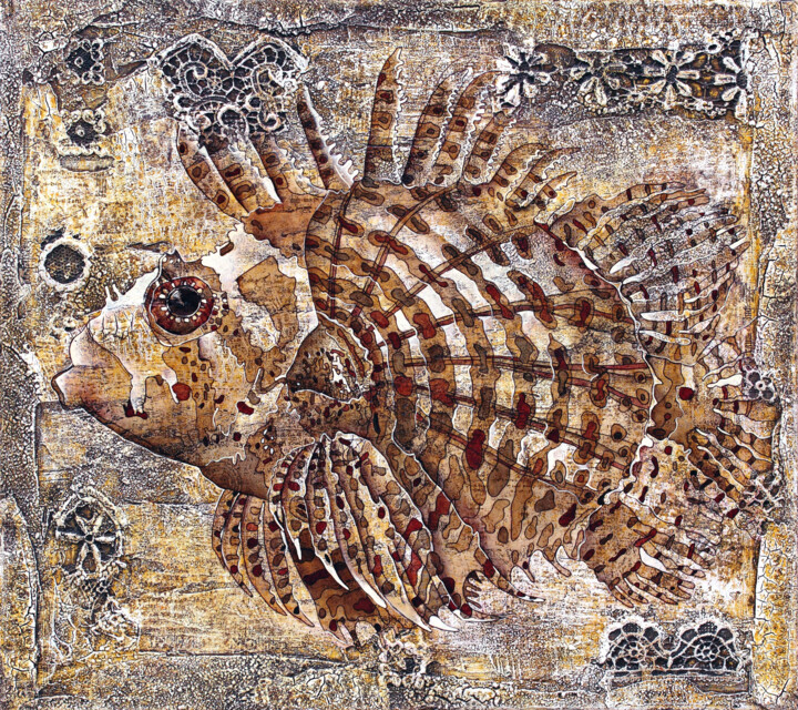 Schilderij getiteld "Fish, Composition 2…" door Wlad Safronow, Origineel Kunstwerk, Olie Gemonteerd op Frame voor houten bra…