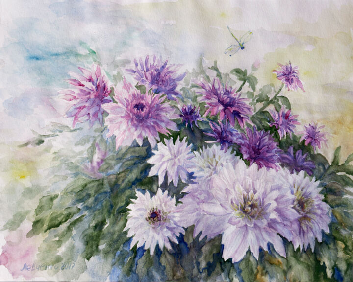 Painting titled "Chrysanthemen" by Wladimir Lewtschenko, Original Artwork, Watercolor