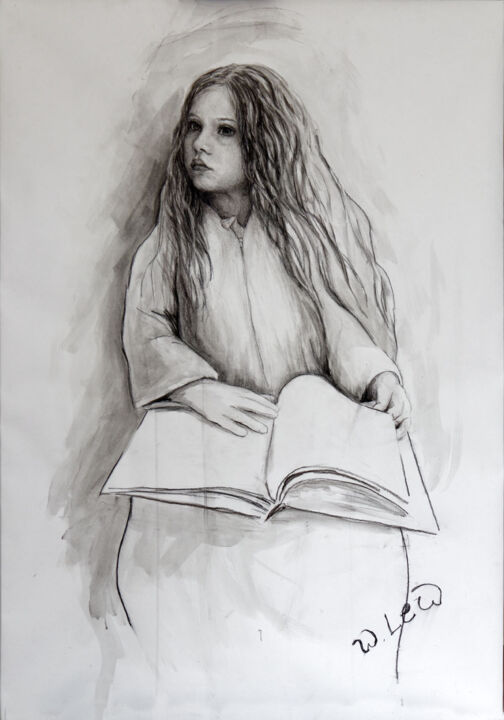 Schilderij getiteld "Mädchen mit einem B…" door Wladimir Lewtschenko, Origineel Kunstwerk, Houtskool