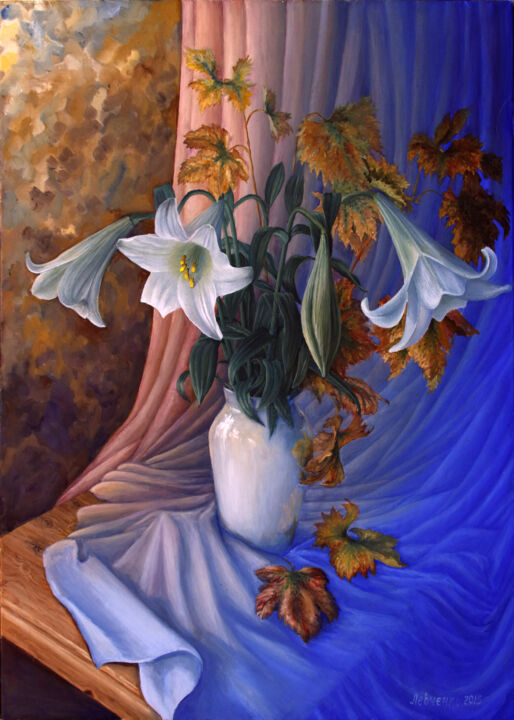 Schilderij getiteld "Lilien mit Weinblät…" door Wladimir Lewtschenko, Origineel Kunstwerk, Olie
