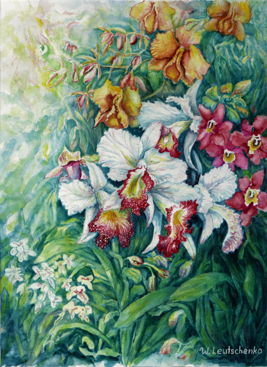 Pintura intitulada "Orchideen" por Wladimir Lewtschenko, Obras de arte originais, Aquarela