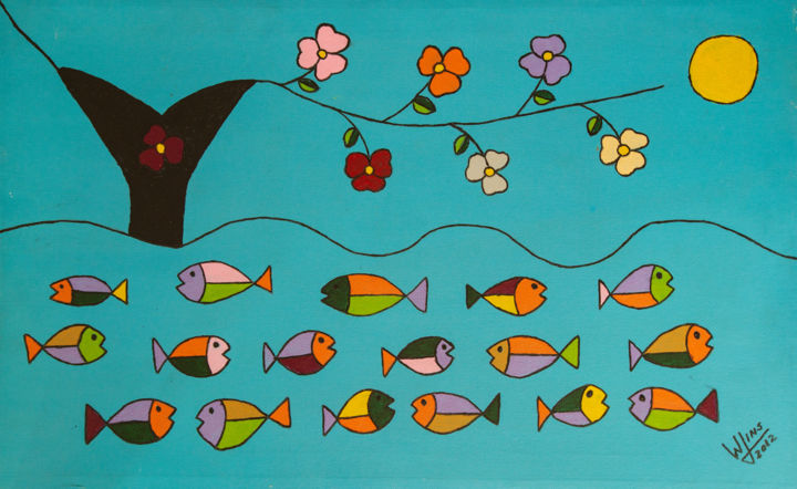 Malerei mit dem Titel "Baleia com flores." von Wellington Lins De Oliveira (Wellington Lins), Original-Kunstwerk, Acryl