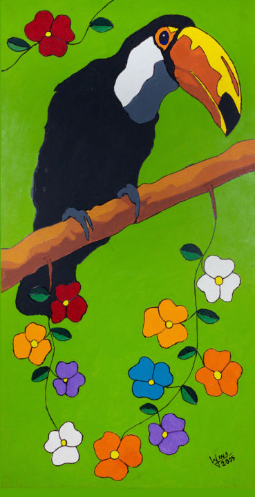 Malerei mit dem Titel "Tucano com flores." von Wellington Lins De Oliveira (Wellington Lins), Original-Kunstwerk, Acryl
