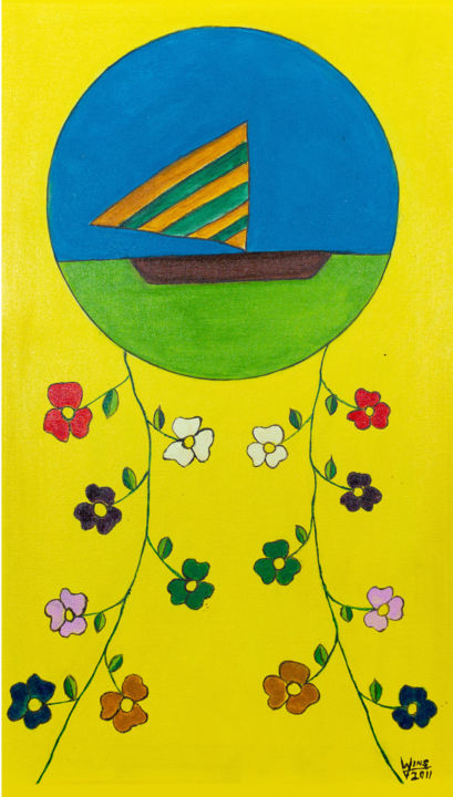 Malerei mit dem Titel "Jangada com flores." von Wellington Lins De Oliveira (Wellington Lins), Original-Kunstwerk, Acryl