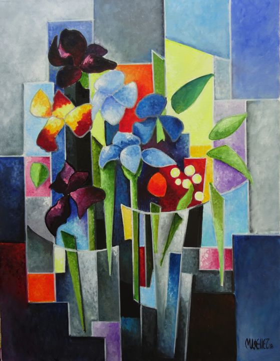 Картина под названием "les iris" - Martine Woellet, Подлинное произведение искусства, Масло