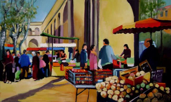 Painting titled "marche à Montpellier" by Martine Woellet, Original Artwork, Oil