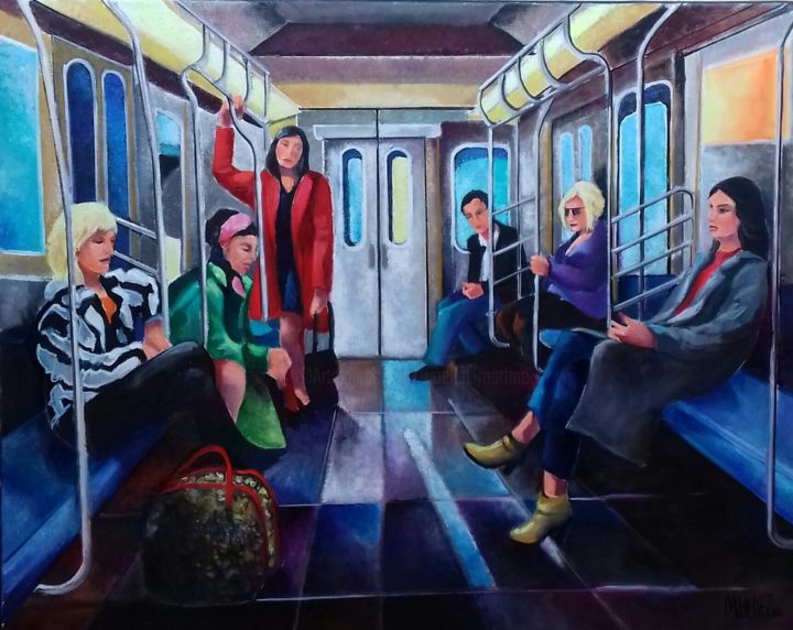 绘画 标题为“dans le métro” 由Martine Woellet, 原创艺术品, 油 安装在木质担架架上